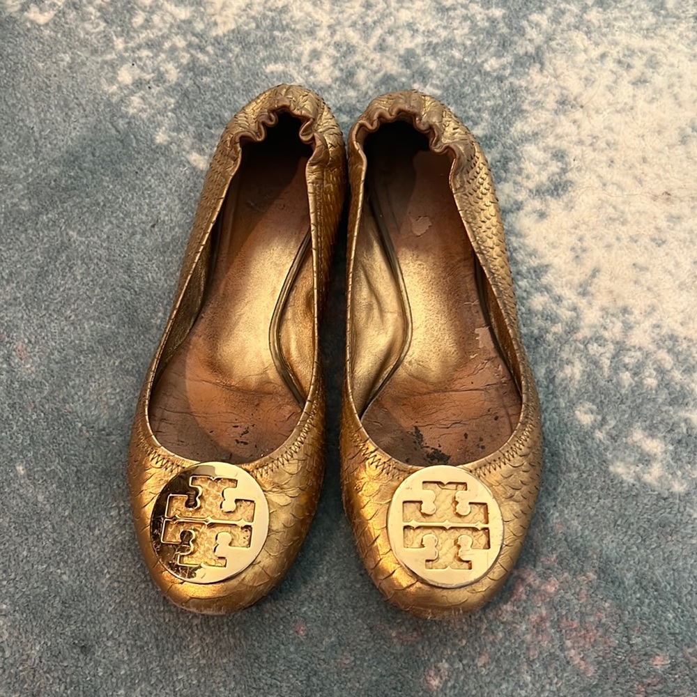 Tory Burch Gold Leather Flats with Buckle